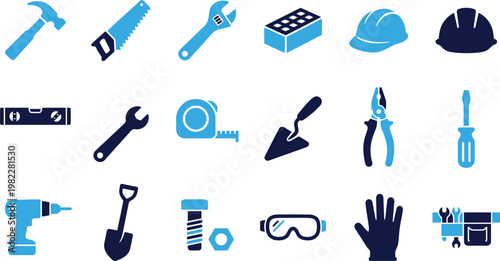 Building and construction tools icons collection hammer wrench toolbox vector.