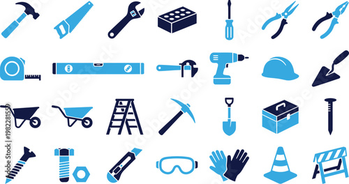 Construction and DIY tools icons set hammer wrench toolbox ladder vector.