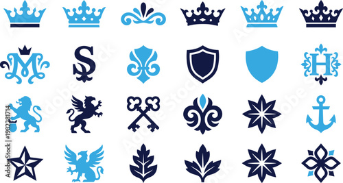 Collection of royal elements crowns shields and alphabet letters.