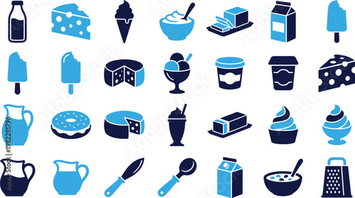 Collection of dairy products and desserts like milk cheese ice cream.