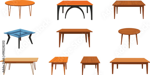 Collection of wooden tables in various styles, furniture set for home interior, modern and classic table designs, vector illustration