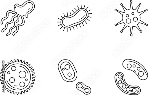 Sketch of various microorganisms bacteria viruses and cells in black and white