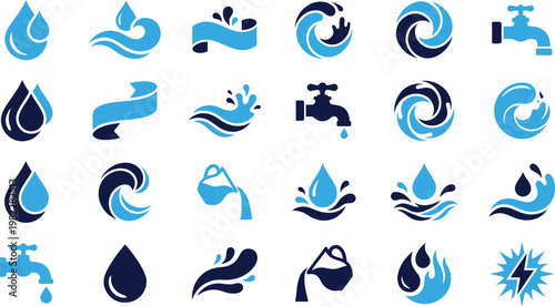 Water icons set faucets drops waves splashes ribbons and circular motion symbols.