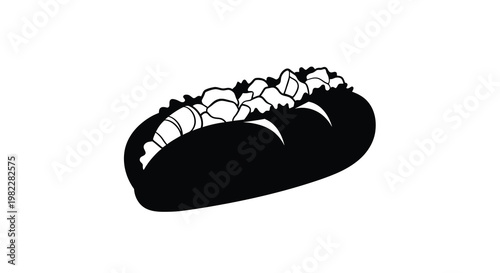 A black and white illustration depicts a fully loaded cheesesteak sandwich on a roll high quality