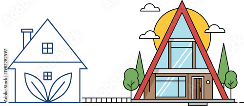 Eco Friendly House and Modern A Frame Cabin Illustration with Sustainable Architecture, Nature Elements, and Green Living Concept for Real Estate and Design Projects