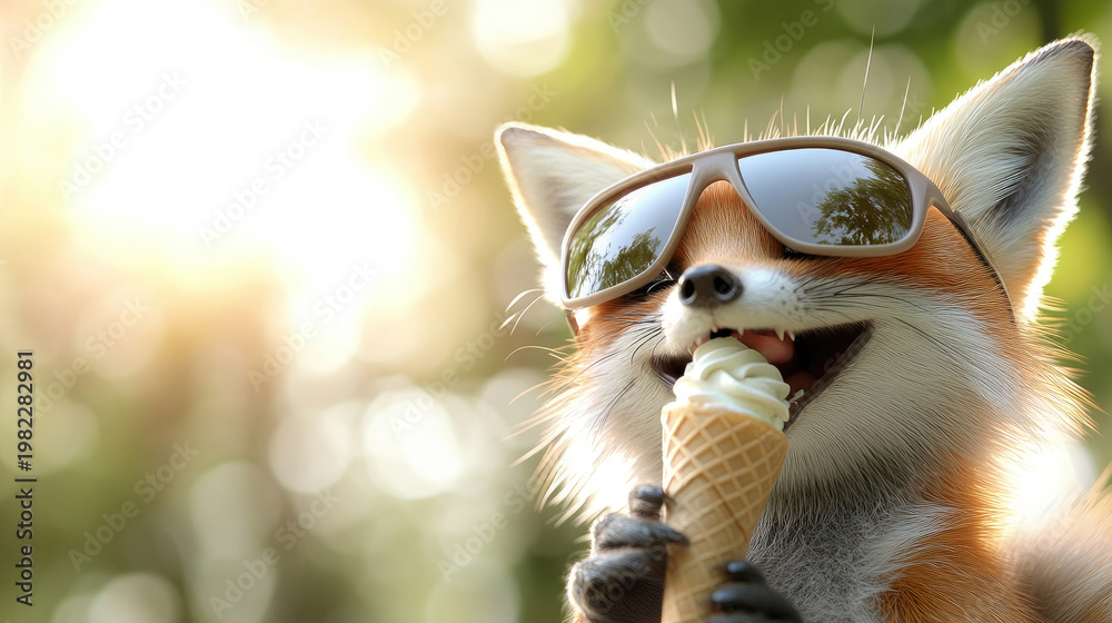 Naklejka premium Red fox cartoon character wearing sunglasses and a hat, happily enjoying a refreshing ice cream cone, symbolizing summer joy, sweet treats, and cool relaxation