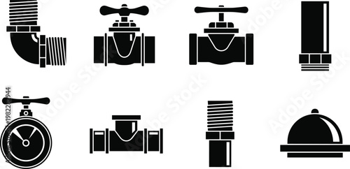 Plumbing and industrial pipe icons set including water valves elbow joints pressure gauge connector parts and hardware isolated on white background