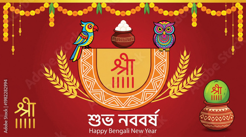 Festive Shuvo Noboborsho background with traditional owl and parrot illustration clay pot sweets and golden wheat stalks on deep red cultural decorative backdrop.