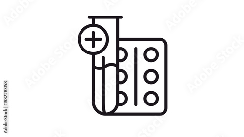 Medical laboratory test tube with plus sign and pharmaceutical pill blister pack vector icon illustration. Black line art symbol for healthcare, pharmacy, science, and clinical research.