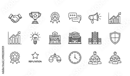A set of black and white line art icons representing business and success concepts