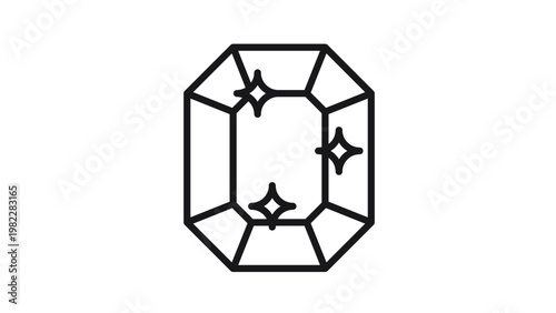 Black line art vector icon of a faceted emerald cut gemstone with sparkles. Minimalist illustration of a precious jewel, diamond, or crystal symbol for luxury jewelry branding and design.
