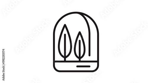 Minimalist black line art vector icon of a terrarium or glass dome containing two leaves, representing nature, ecology, and environmental sustainability, clean scalable graphic illustration.