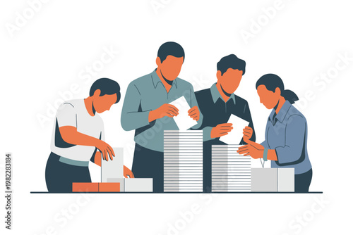 A group of people working together to organize and file papers in an office setting.