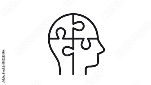 Minimalist black line vector icon of a human head profile silhouette made of four interlocking puzzle pieces, symbolizing mental health, psychology, logic, problem solving, and cognition.