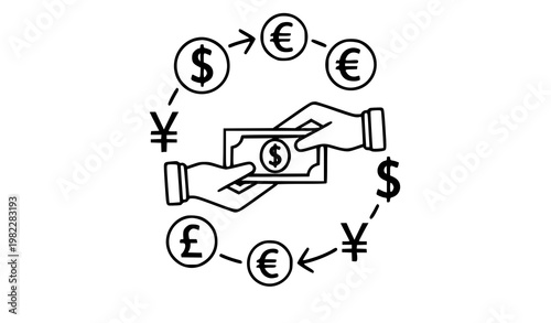 A minimalist vector graphic illustrating international money transfer with hands exchanging cash and currency symbols