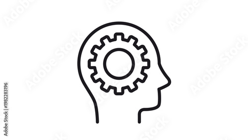 Minimalist black vector icon illustration of a human head profile with a gear inside, representing thinking, logic, engineering, mental process, brain function, and artificial intelligence.
