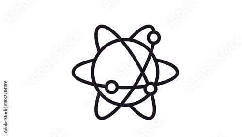 Atomic structure vector illustration featuring a central nucleus and three intersecting elliptical orbits with electrons, minimalist black line icon for science, physics, and technology concepts.