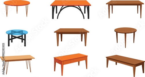 Collection of wooden tables in various styles, modern and classic furniture designs, home interior elements, detailed vector illustration set
