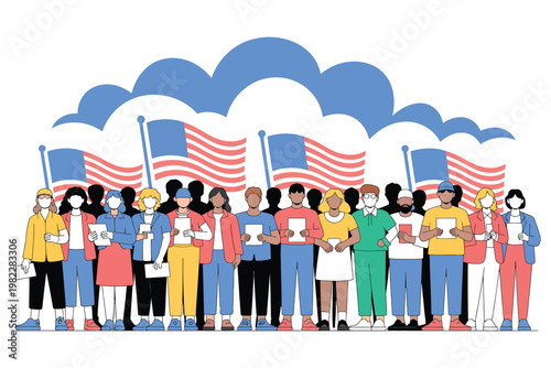 A diverse group of people standing together, holding American flags and wearing face masks, symbolizing unity and patriotism during a significant event.