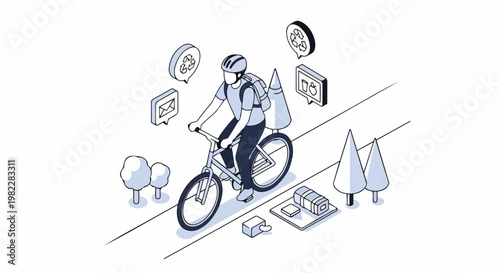 Isometric Illustration of an Eco-Friendly Bicycle Courier Delivering Food and Mail with Sustainability and Recycling Icons