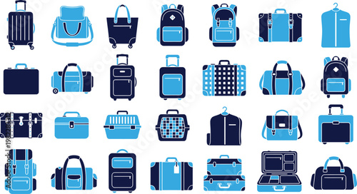 Travel luggage and bags icons blue dark suitcase backpack duffel case collection.