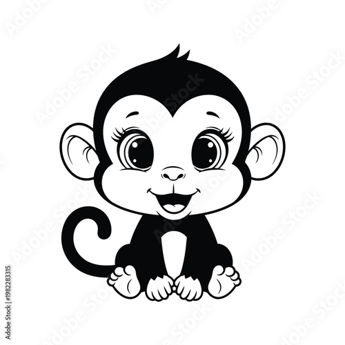 Cute baby monkey vector illustration sitting calmly on white backdrop for nursery art decor.