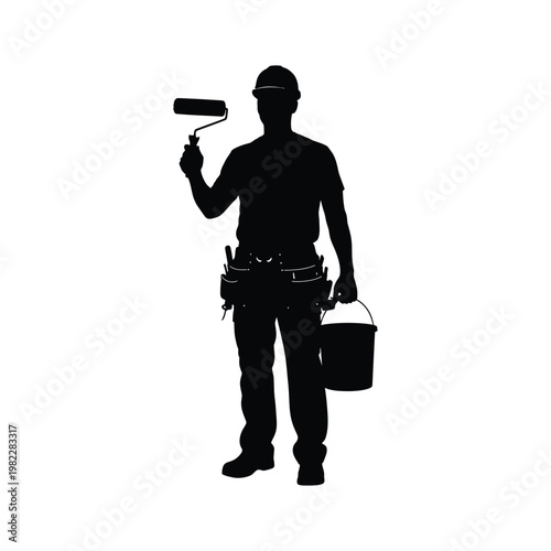 Construction worker with roller and bucket, hard hat, tool belt, illustration vector.