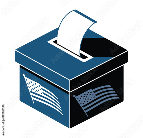 An illustration of a blue and black ballot box with American flags on the sides and a white ballot being inserted