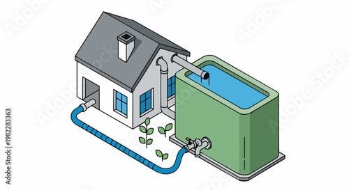 Sustainable Living: Rainwater Harvesting System Diagram for Eco-Friendly House with Water Tank and Irrigation Pipe