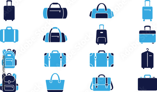 Travel suitcase backpack duffel bag icons set blue dark luggage travel concept.