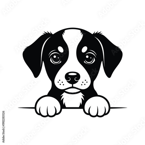 Puppy face peeking vector illustration with cute paws for pet shop and dog lover branding.