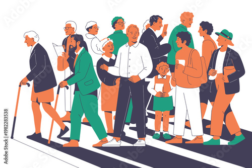 A diverse group of people walking together on a city street