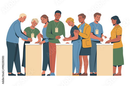 A diverse group of people standing in line at a registration desk, eagerly waiting to sign in and receive their identification badges.