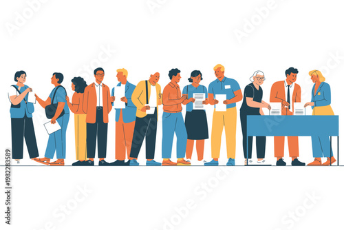 A diverse group of people standing in line waiting to vote at an election booth with a table and workers.