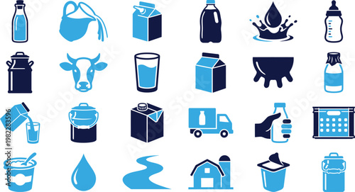 Dairy related icons in blue and dark blue for food and beverage industry.