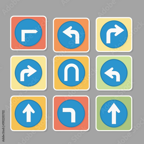 Set of Traffic Directional Arrows Icons on Colored Backgrounds