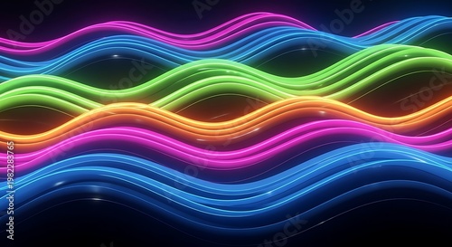 Abstract waves create a vibrant spectrum of flowing neon lines that move across a deep dark background to provide a modern visual element for digital design projects and creative backgrounds.