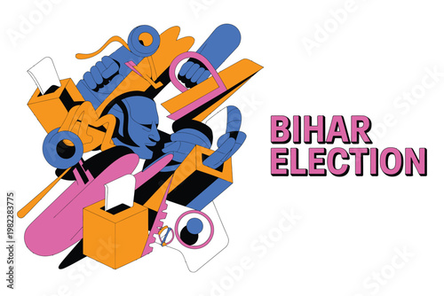 A colorful illustration of various objects with the words 'Bihar Election' on a white background