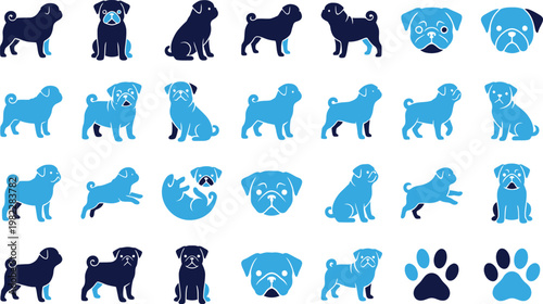 Various pug dog icons demonstrating different actions and poses vector collection.