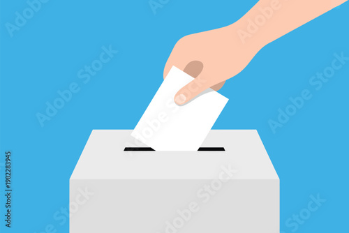 A hand putting a ballot into a white voting box on a blue background