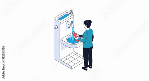 Isometric Illustration of Woman Filling Reusable Water Bottle at Modern Drinking Fountain or Water Refill Station