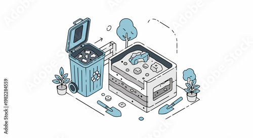 Isometric Illustration of Compost Bin and Recycling Container for Sustainable Organic Waste Management