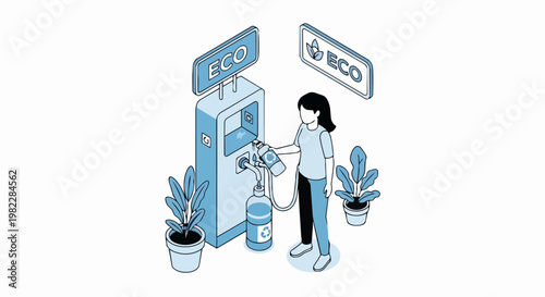 Isometric Illustration of Woman Using an Eco-Friendly Refill Station to Reduce Plastic Waste and Support Zero Waste Sustainability