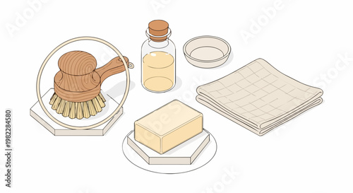 Isometric Spa and Body Care Illustration with Natural Soap, Wooden Brush, Essential Oil, and Towel for Wellness and Self-Care