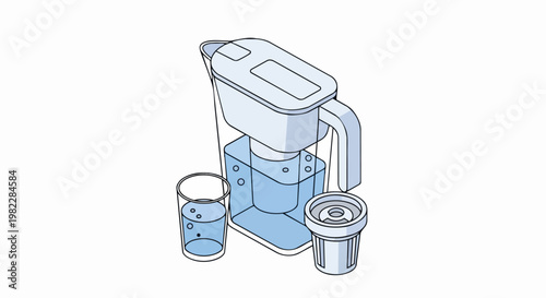 Isometric Water Filter Pitcher with Replacement Cartridge and Glass of Clean Drinking Water - Eco-Friendly Hydration Concept