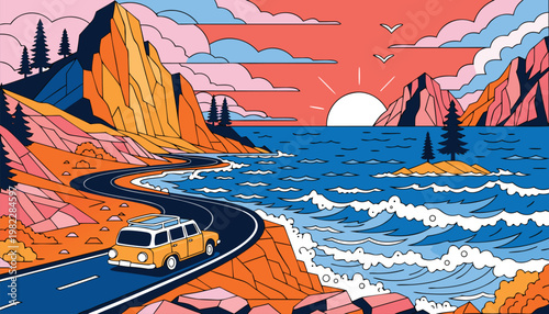 Scenic mountain road trip at sunset with vibrant landscape vector illustration
