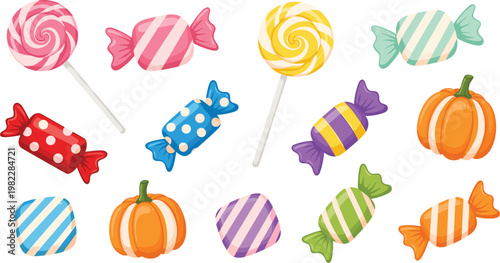 Colorful candy and lollipop sweets with pumpkins, Halloween treats collection, festive dessert elements, playful vector illustration set
