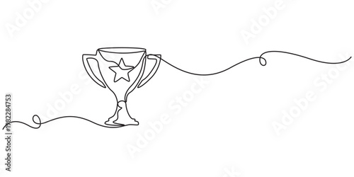 Continuous one line drawing of a winner trophy cup with confetti explosion on white background, concept for business achievement celebration, sports competition victory and employee recognition award