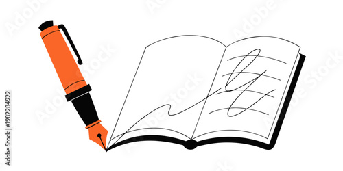 Orange fountain pen writing on an open notebook with notebook fountain handwriting signature illustration business stationery knowledge learning education academic literature planning