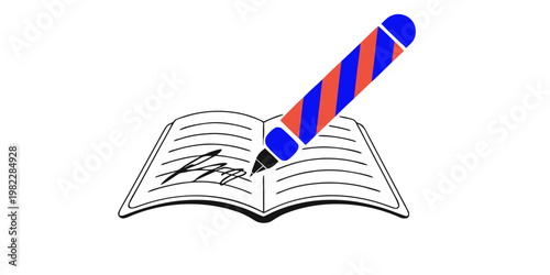 Stylized pen with red and blue stripes signing an open book signature document contract agreement business official illustration authorization approval transaction identity corporate